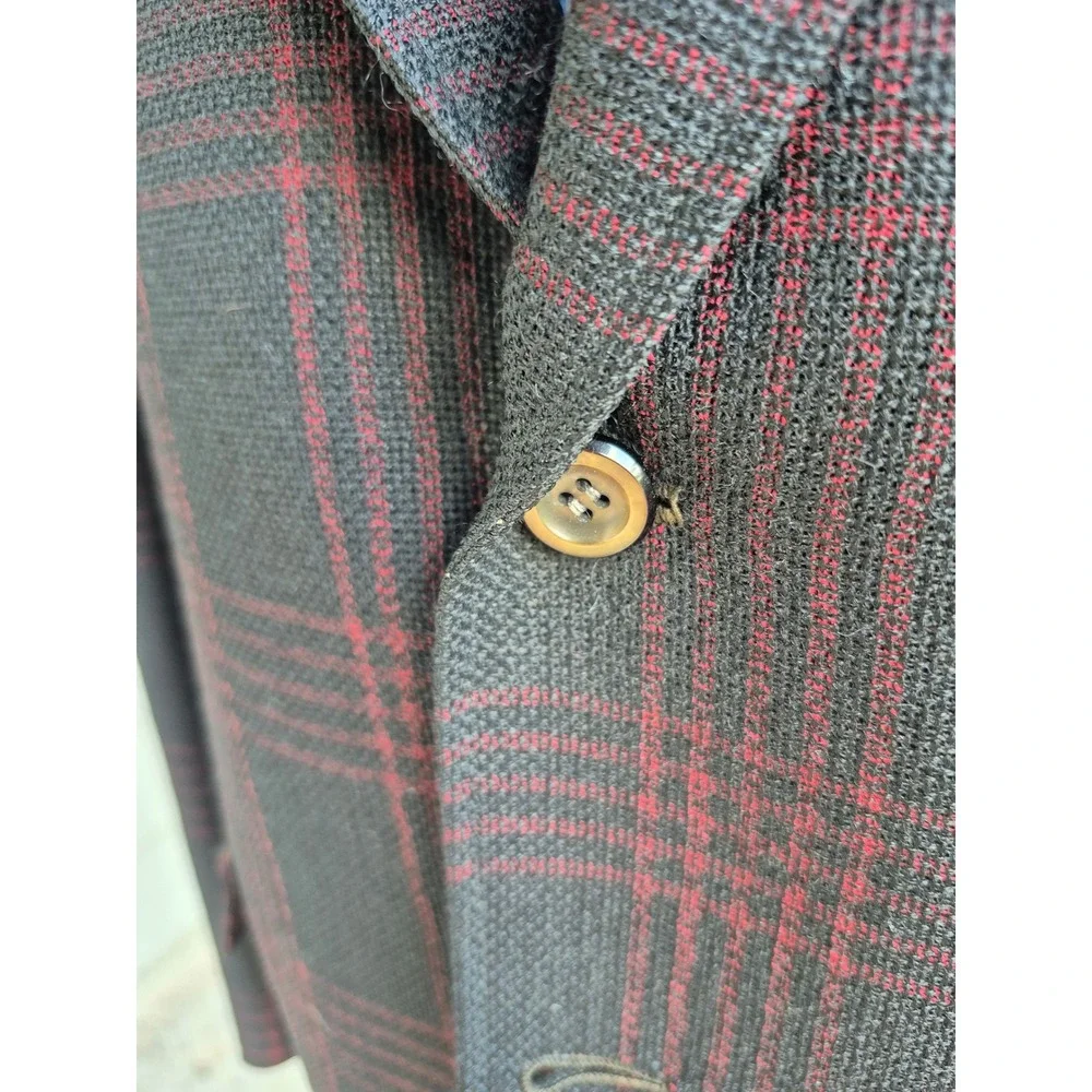 Hickey Freeman Customized Mens Plaid Blazer Sport Coat Black Red Sz 44 R‎ VTG